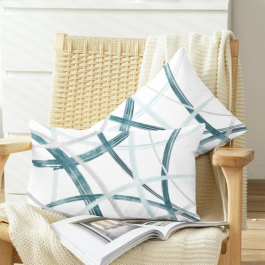 CaliTime Throw Pillow Cases Pack of 2 Cozy Fleece Arc-Shaped Abstract Geometric Lines Decorative Cushion Covers for Couch Bed Sofa Farmhouse Decoration 12 X 20 Inches Teal Turquoise Grey