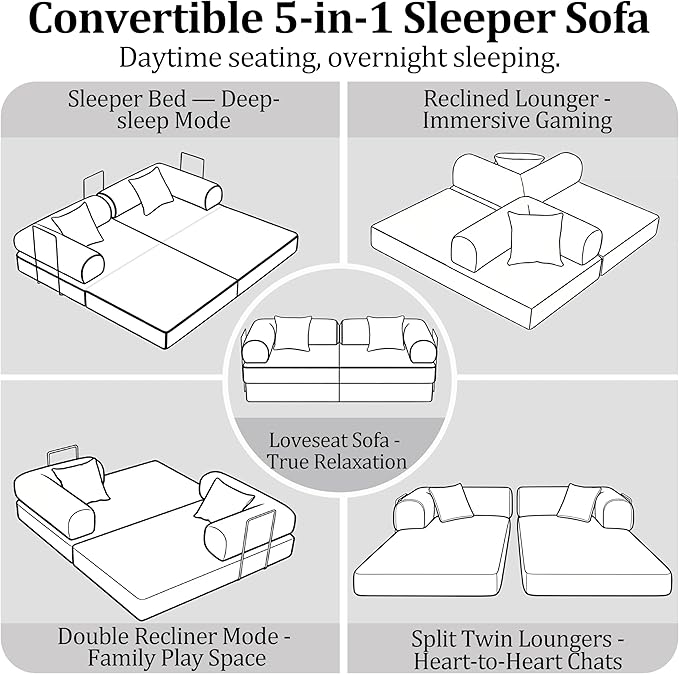 Convertible Compressed Corduroy Folding Cloud Sofa Bed, 59'' Modern Boneless Pull Out Loveseat Sleeper in a Box, 5 in 1 Floor Mattress Futon Cloud Couch, No Assembly Needed, Green, 2 Pillows, Queen