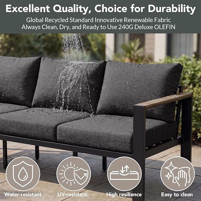 Outdoor Patio Furniture Set 2 Pieces Armchair with Washable Thick Cushions, Luxury Aluminum Patio Furniture Chair Modern Outside Sectional Set for Porch, Balcony, Deck, Yard, Dark Gray