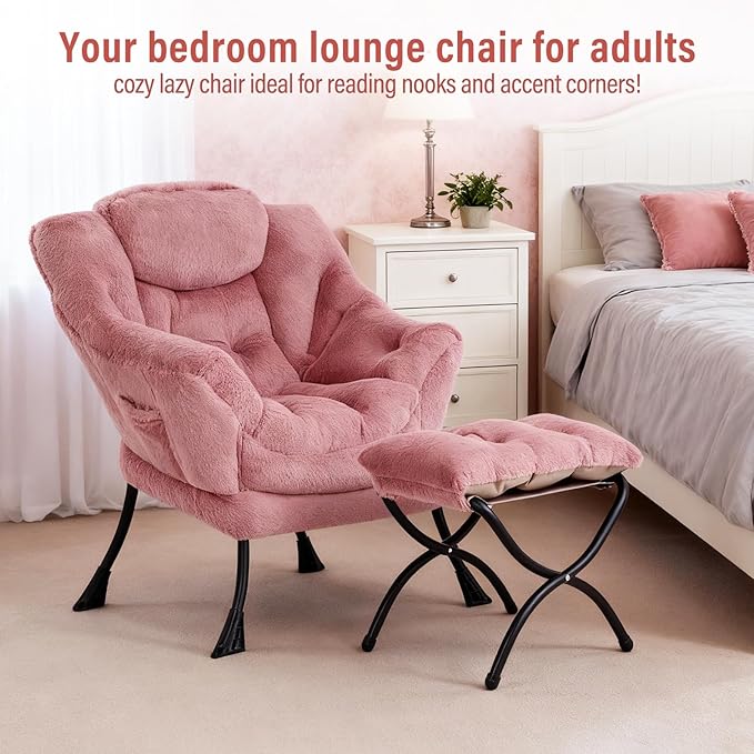 Lazy Chair with Ottoman, Modern Chair with Folding Footrest, Plush Dark Pink Accent Chair, Comfortable Reading Chair, Oversized Armchairs for Bedroom, Study, Living Room, Courtyard