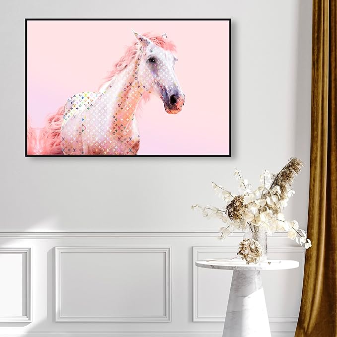 Country Farmhouse Canvas Print Painting Animal Wall Art 'Pink Glam Horse' Black Framed Canvas Rustic Home Décor 45x30 in Pink, White by Oliver Gal