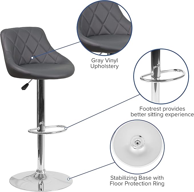 Flash Furniture Contemporary Gray Vinyl Bucket Seat Adjustable Height Barstool with Chrome Base