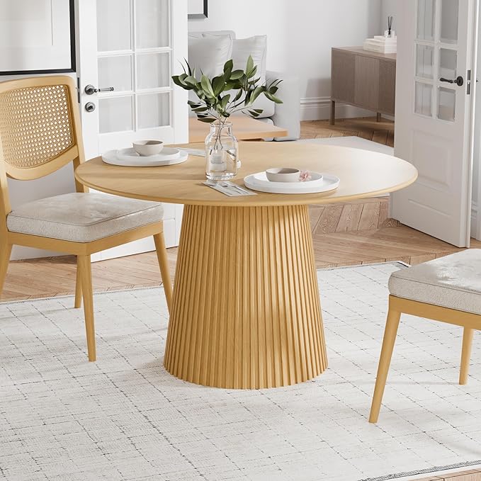 Casaphoria 46" Round Dining Table, Modern Wood Kitchen Table with Cone Grating Bar Base for Living Room & Dining Room, Easy Assembly Farmhouse Furniture for 4-6, Oak