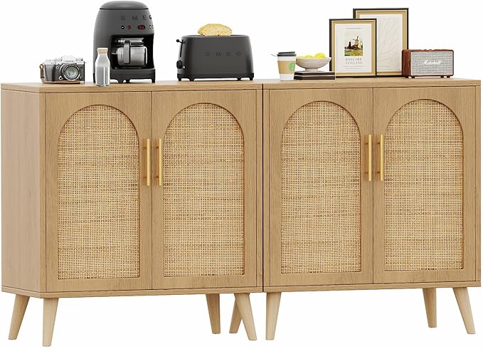 Rovaurx Set of 2 Rattan Storage Cabinet with Doors, Accent Bathroom Floor Cabinet, Modern Sideboard Buffet for Living Room, Entryway, Dining Room and Kitchen, Natural BMGZ108M02 | Set of 2, with Doors