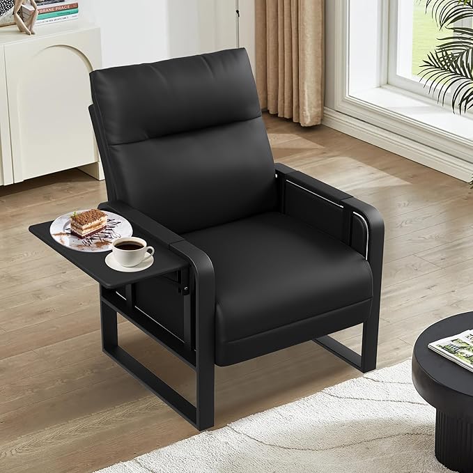 Modern Black Accent Chair PU Leather Upholstered Armchair with Foldable Side Table for Bedroom Living Room Chairs Office Chair