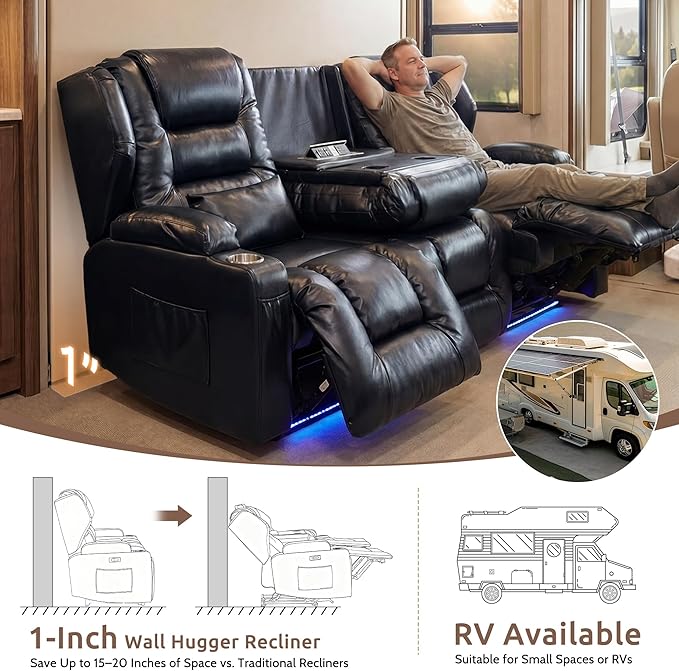 SAMERY Power Loveseat Recliner Sofa, Wall Hugger Reclining Loveseat Sofa, Movie Home Theater Seating with Flip-Backrest, Solid Wood Top, Ambient LED Lights, USB-C, Outlets, Faux Leather, Black | Extra Wide Seat