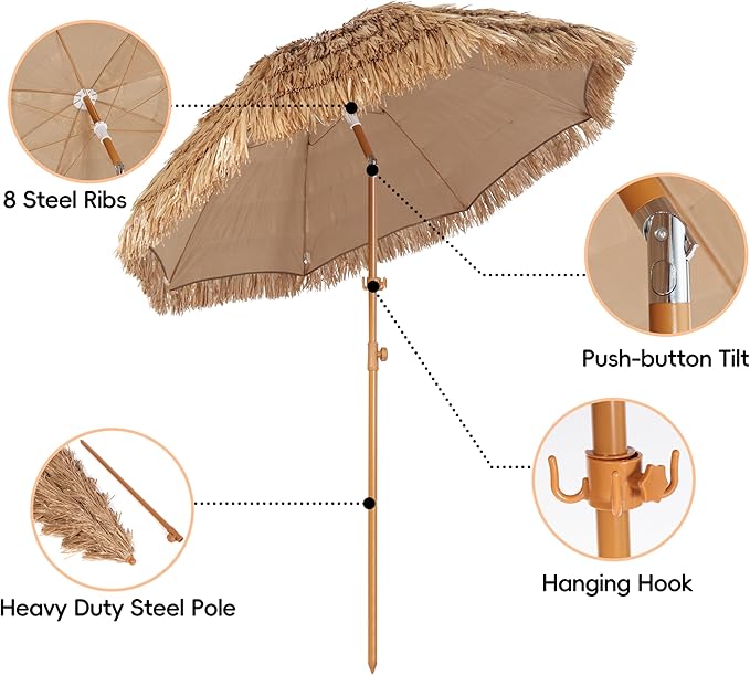 Seazul 6.5ft Hula Tahtched Tiki Patio Umbrella, Beach Umbrella Hawaiian Style with Hanging Hook and Tilt Design, 8 Ribs with Carry Bag for Outdoor Tiki Bar, Tropical Palapa, Garden, Pool, Natural
