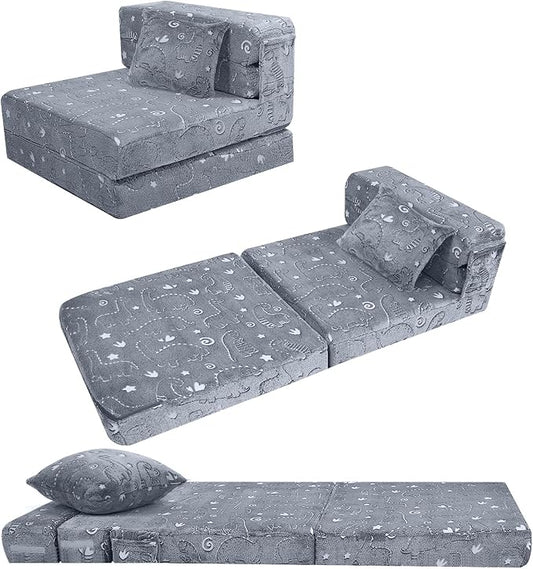 MeMoreCool Kids Floor Mattress Glow in The Dark, Convertible Sofa Couch, Folding Futon Chair Bed for Kids Playroom (Glowing Dinosaur)