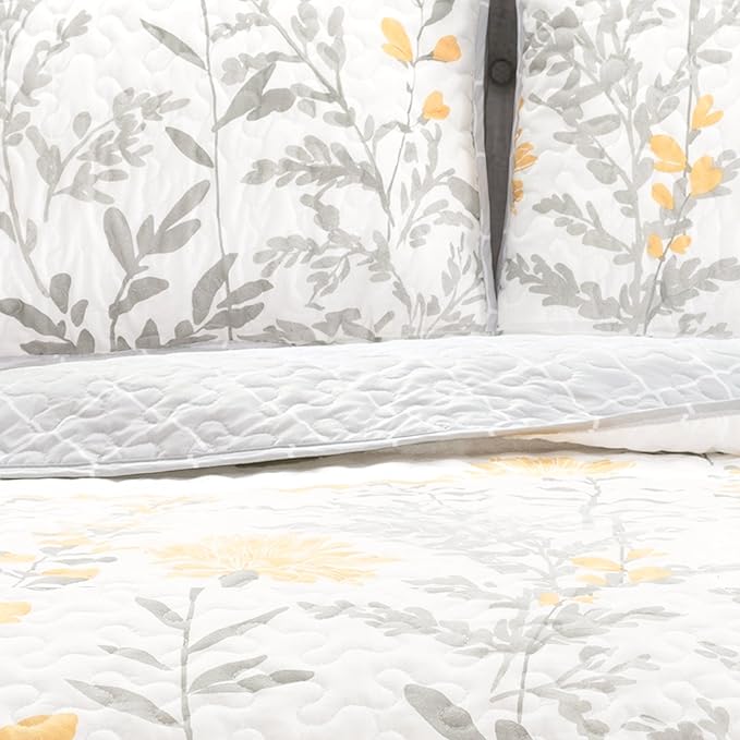 Lush Decor Aprile Reversible Floral Quilt King Size 3 Piece Set King, Yellow & Gray - Bedding Set - Floral Quilt - Cottage Bedroom Décor