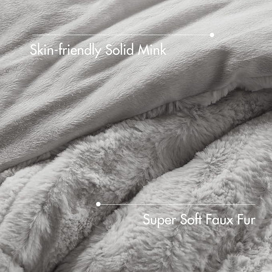 Madison Park Duke Luxe Faux Fur Reversible Comforter Set, Soft Plush Reverse, Modern Down Alternative Filling Cozy Bedding, Box Quilted Warm Cover, Matching Shams, Full/Queen, Grey 3 Piece