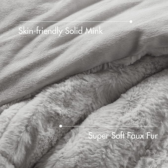 Madison Park Duke Luxe Faux Fur Reversible Comforter Set, Soft Plush Reverse, Modern Down Alternative Filling Cozy Bedding, Box Quilted Warm Cover, Matching Shams, King/California King, Grey 3 Piece