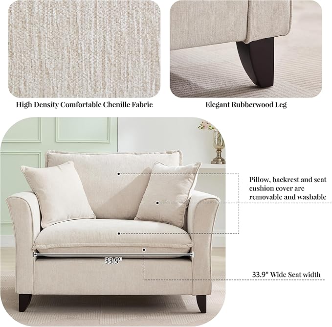 Merax 46.3" Chenille Accent Chair, Oversized Reading Armchair w/2 Pillows, Modern Corner Single Cloud Sofa Arm Chairs, Comfortable Living Room Deep Cushion Seating for Office & Apartment, White