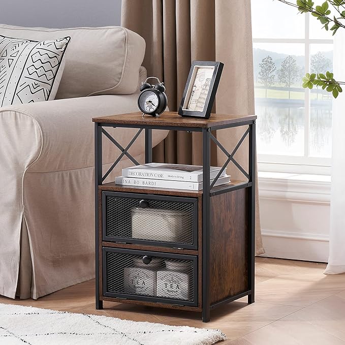 VECELO Nightstand Set of 2, End Table with Flip Drawer, Modern Night Stand for Bedroom,Living Room, Office, Easy Assembly, Classic Brown