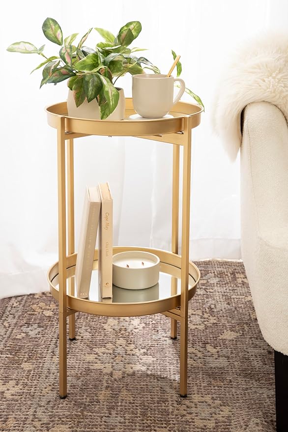 Kate and Laurel Celia Round Metal Foldable Tiered Side Table; 16 x 26; Gold; Modern Accent Table with Mirrored Magnetic Tray Tabletops and Space-Saving Folding Base