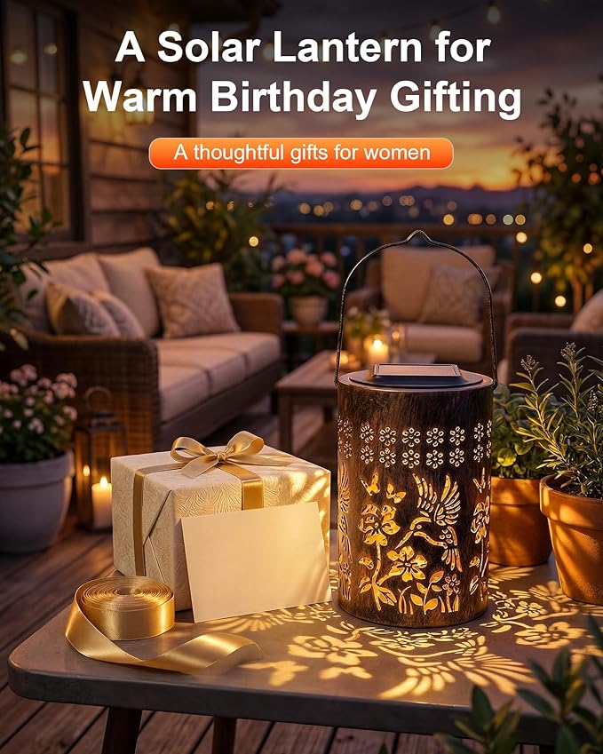 Solar Lanterns Outdoor Waterproof, Hummingbird Garden Decor Gift for Women, Mom or Grandma, Hanging or Tabletop Lantern with Vintage Copper-Color Finish for Patio, Porch and Backyard