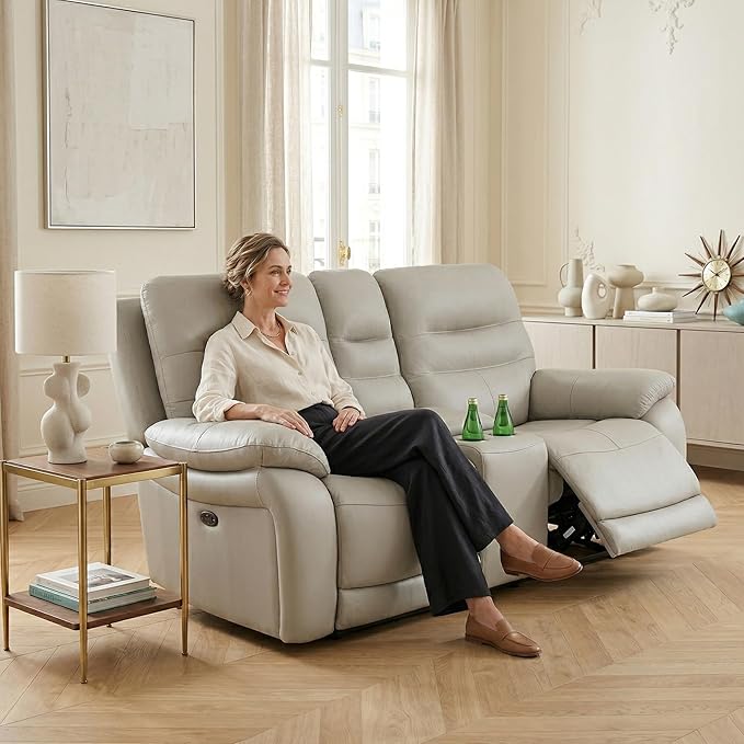 Power Reclining Loveseat, 2-Seater Genuine Leather Recliner Couch, Light Grey Top Grain Leather Sofa with Cup Holders/Storage/USB Port for Living Room, Apartment, Office