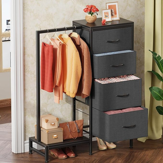 Dresser with Hanging Rack, 4 Drawers Small Closet for Bedroom, Reversible Fabric Kids Chest of Drawers with Clothes Rack, Tall Storage Tower, Sturdy Frame, Grey, 44''H