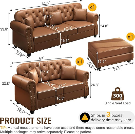 KEIKI 2-Piece Chesterfield Sofa Set with 1 Faux Leather 3-Seater Sofa & 1 Loveseat Sofa, Upholstered 5-Seater Couch Set with Nailhead Trim & Rolled Arms & 1 Ottoman & 5 Pillow, for Living Room, Brown
