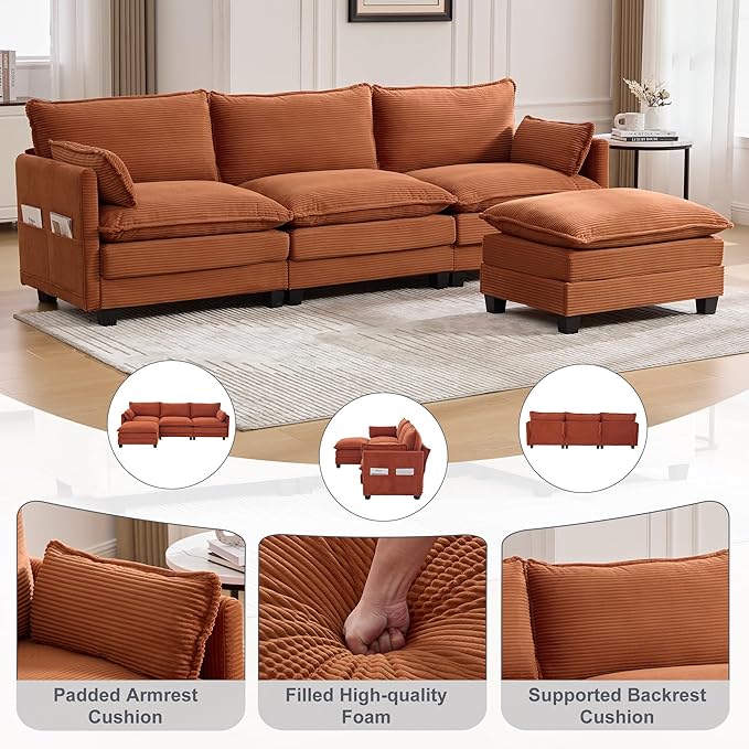103" Oversized Modular Sectional Sofa Couch with Reversible Ottoman, Free Combination Convertible Corner Couch,Corduroy Upholstered Cloud Sectional Couch with Side Pockets | Multiple Cushions, DIY Combination, Removable Cover