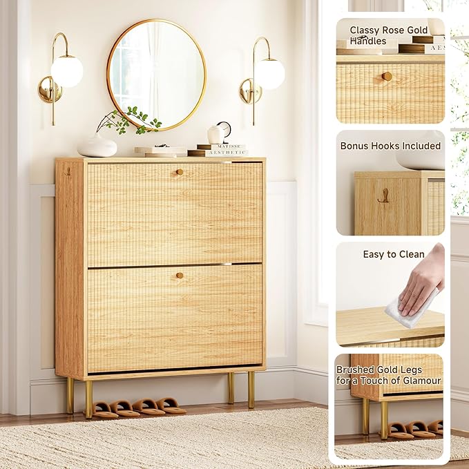Nicetree Shoe Storage Cabinet for Entryway - Flip Shoe Cabinet with Tiered Fluted Design - Slim Shoe Storage Rack with Gold Legs - Narrow Shoe Cabinet Hidden Shoe Organizer for Small Spaces