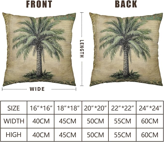 Palm Tree Pillow Covers 22x22 Set of 2 Hawaiian Tropical Leaf Decorative Throw Pillows Summer Vintage Outdoor Pillow Cases Cotton Linen Cushion Cover for Bed Couch Sofa Living Room