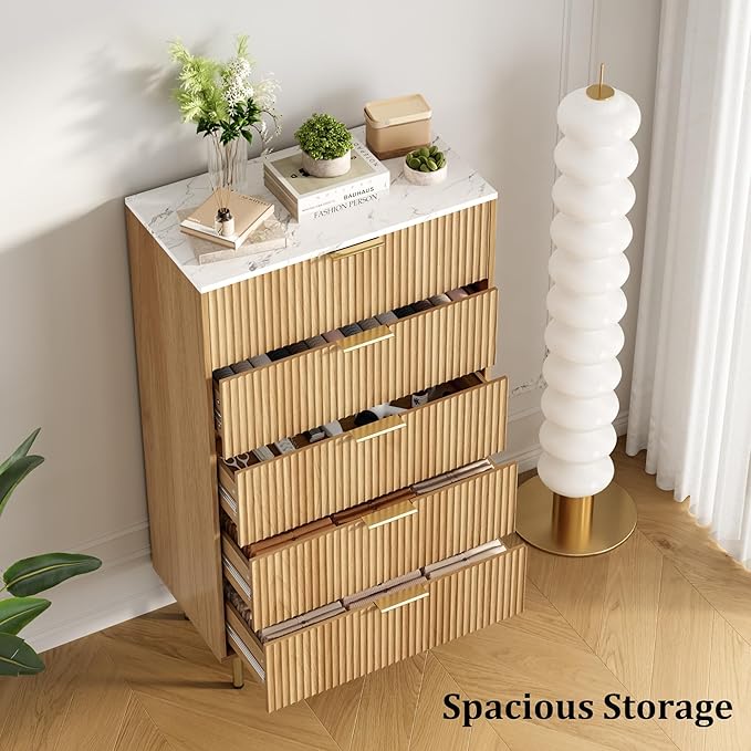 GAOMON 5 Drawer Dresser,Fluted Dresser for Bedroom,47.9" Tall Dressers Chest of Drawers,Wood Tall Dressers with Metal Handle for Closet, Living Room, Entryway