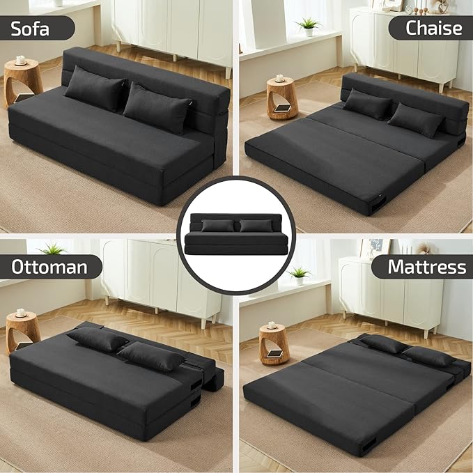 SUYOLS Folding Sofa Bed with Pillows- Convertible Chair Floor Couch & Sleeping Mattress, Foldable Memory Foam Sleeper for Living Room/Dorm/Guest Room/Home Office/Apartment/Loft, Queen, Dark Gray