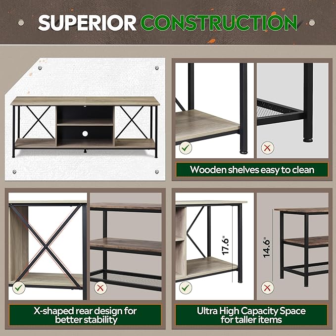 WLIVE Industrial TV Stand for Up to 65 inch TV, Heavy-Duty Metal Frame Entertainment Center with Adjustable Shelves & Cable Management, Media TV Console for Living Room Bedroom, Gerige