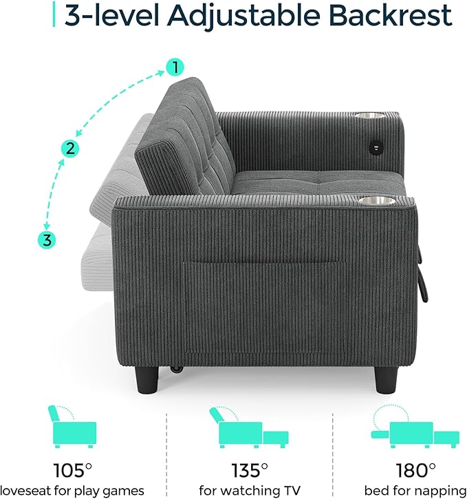 LINSY Sleeper Sofa Bed, 54" Pull Out Couch with Charging Station & Cup Holder, Small 3 in 1 Convertible Loveseat Sleeper Couch for Apartment, Dorm Room, Bedroom and Small Space, Corduroy Gray
