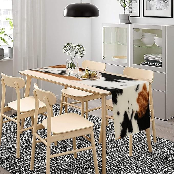 Cowhide Table Runne Vintage Cow Print 3D Rustic Theme Animal Fur Skin Farm Dining Table Decoration for Kitchen Dining Room Holiday Party Decor 13x120in