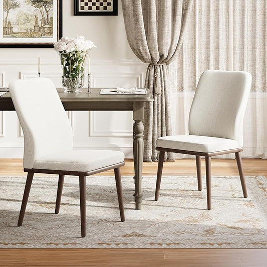 Upholstered Dining Chairs Set of 2, Modern Kitchen Chairs with High Back, Padded Fabric Dining Room Chair with Solid Wood Legs for Restaurant/Cafe/Home, Beige