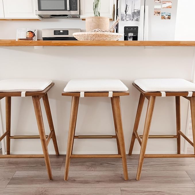 Nathan James Barker Counter Height Solid Wood Barstool with Upholstered Cushion, Backless Island Stool with Rubberwood Legs and Natural Textured Linen Upholstery for Kitchen, Brown/White, Set of 4