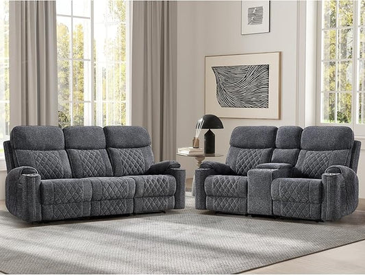 EBELLO Power Reclining Sofa Set, Fabric Electric Recliner Loveseat and 3 Seater Sofa Couch with Cup Holders, USB Type-C Charging Ports and Storage Space, 5 Seats for Small Living Room, Grey