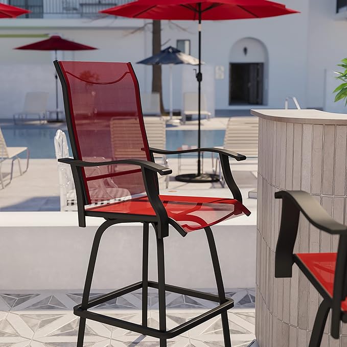 Flash Furniture Valerie Patio Bar Height Stools Set of 2, All-Weather Textilene Swivel Patio Stools with High Back & Armrests in Red