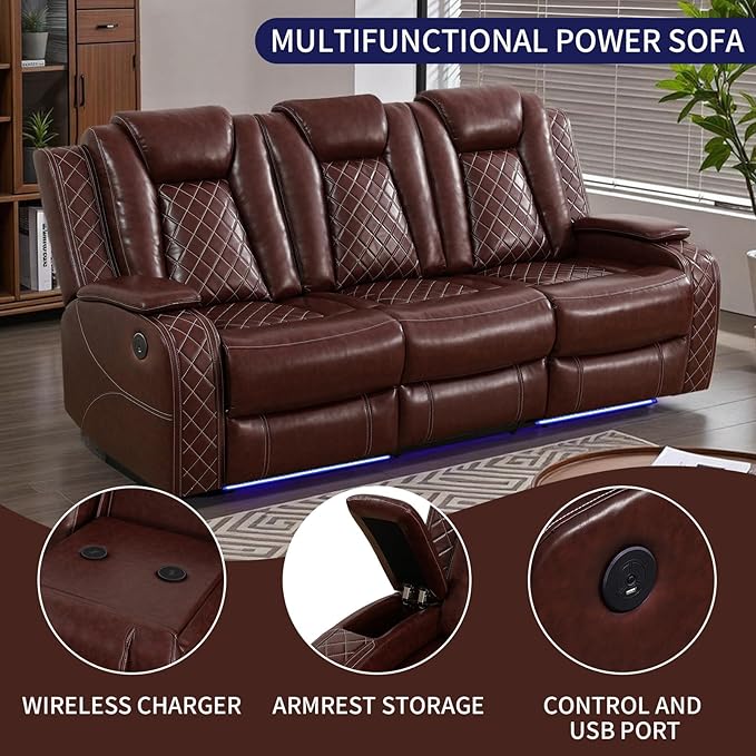 Power Recliner Sofa Set for Living Room, Leather Power Reclining Sofa Sets with LED Lights, Console Storage, Recliner Couch with USB Port(Sofa, Loveseat and Chair,Red)