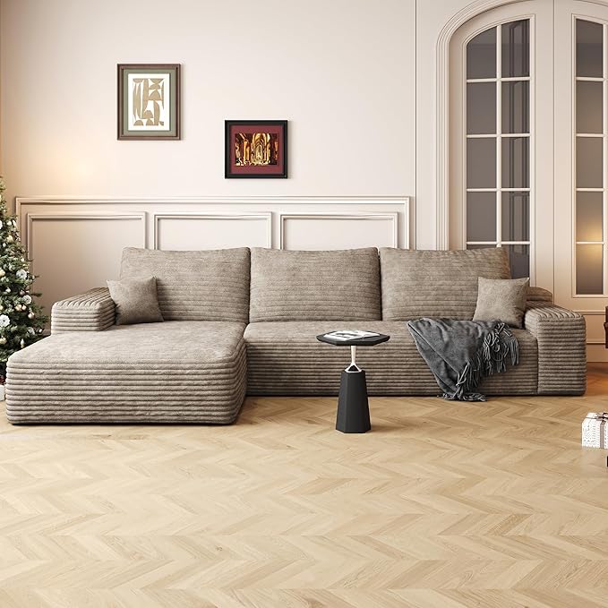 107" Boneless Couch with L Shaped Chaise, Plush Corduroy Sleeper Sectional Sofa, Deep Seat Comfy Couches for Living Room Bedroom, Compressed Foam Cloud Sofas, No Assembly, Left Facing Chaise, Camel