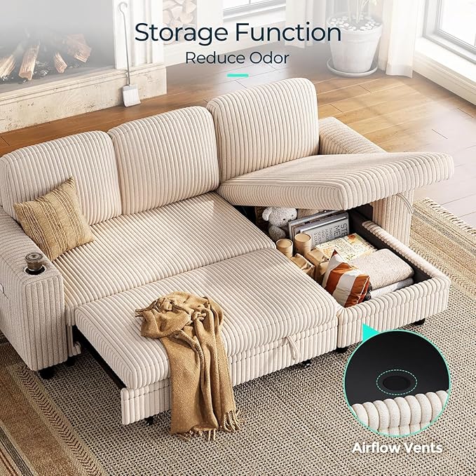 LINSY HOME Sectional Sleeper Sofa Pull Out Couches for Living Room (Beige, Sleeper Sofa 1) | Pull Out Sofa Bed, Storage, USB Charging, Cup Holders, Plush Corduroy | Pull Out Sofa Bed, Storage, USB Charging, Cup Holders, Plush Corduroy, Convertible Sofa...