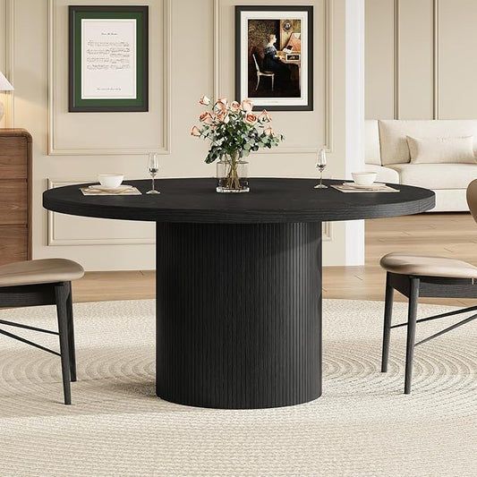 Round Kitchen Dining Table for 4-6 People, 47 inch Mid-Century Circle Dinner Tables, Rustic Wood Base in Fluted Design, Space Saving Dining Room Furniture, Large Table Only for Family Party, Black
