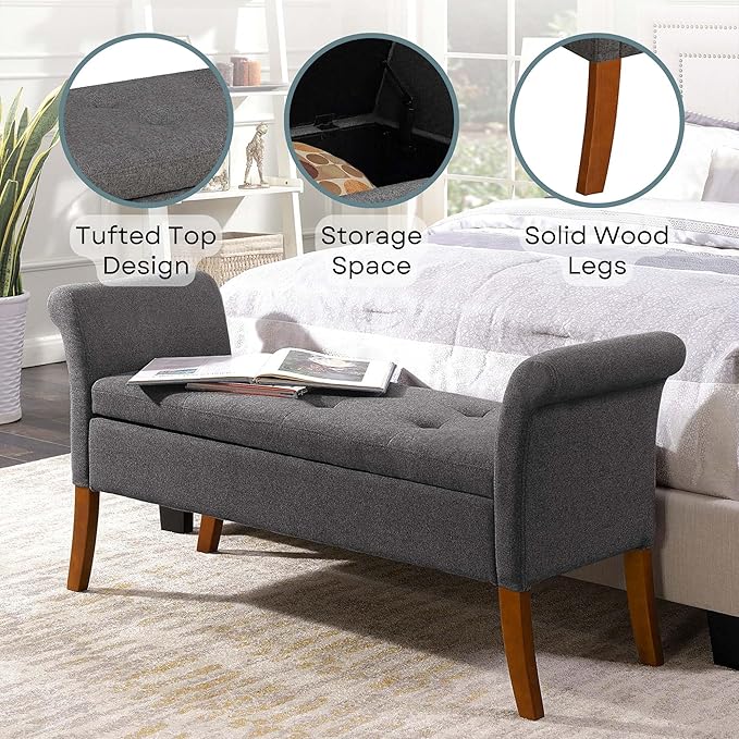 Convenience Concepts Designs4Comfort Garbo Upholstered Storage Bench 51.25" - Modern Ottoman Bench for Living Room, Sitting Bench, Storage Bench with Seating for Entryway, Soft Gray Fabric