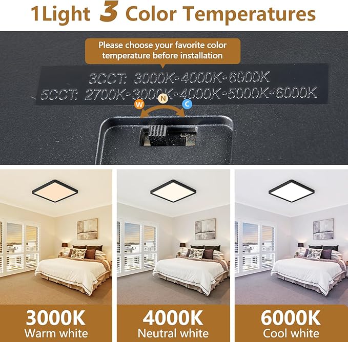 2PK 16 Inch Square LED Flush Mount Ceiling Light, 40W, 4000LM 3000K/4000K/6000K CCT Selectable, Black Square LED Flat Panel Ceiling Light Fixture for Bedroom,Kitchen,Living Room