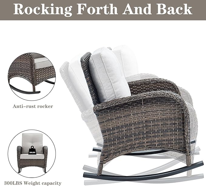 Belord Wicker Porch Rocking Chairs - 3 Pieces Patio Bistro Set High Back Outdoor Rocker Chairs Set with Side Table for Deck Balcony Brown/Beige