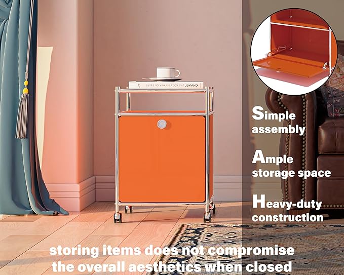 Elegant Matte Storage Cart with 22.8" Height - Perfect Side Table, Night Stand - Large Capacity with Flap Door, Detachable Wheels - Ideal for Home, Office, Bedroom, Kitchen (Orange)
