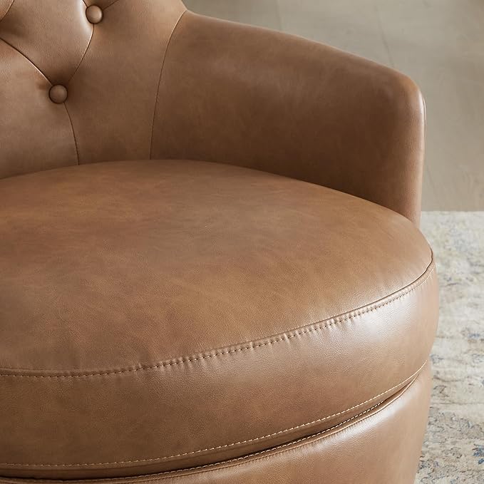 Watson & Whitely Swivel Barrel Accent Chair, Tufted Upholstered Arm Chair for Living Room and Bedroom, Faux Leather in Cognac Brown