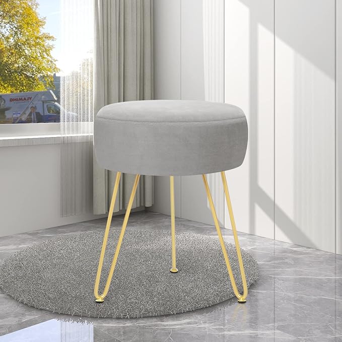 Velvet Soft Modern Vanity Stool -Round Footrest Stool Ottoman Side Table Seat Dressing with Golden Metal Leg and Sponge Filling,Upholstered Foot Rest, for Living Room and Bedroom (Gray)