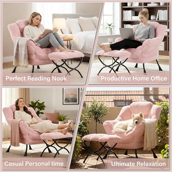 Lazy Chair and Ottoman, Large Contemporary Plush Pink Accent Chair with Side Pocket, Modern Leisure Upholstered Reading Armchair with Footrest for Office, Bedroom, Living Room, Dorm, Balcony