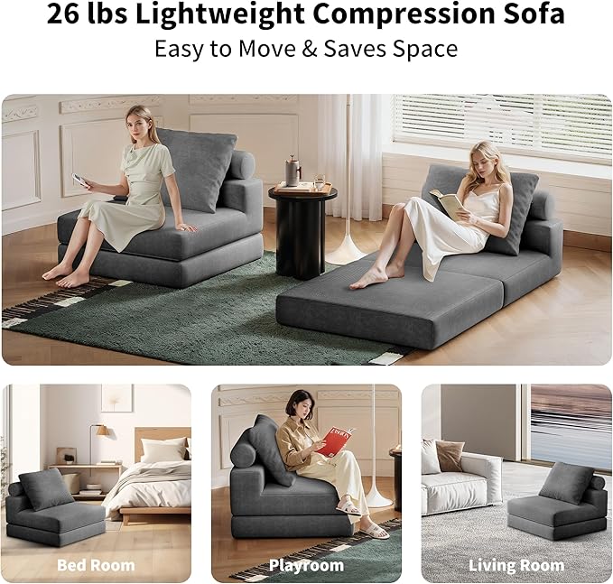 Folding Sofa Bed, 3-in-1 Convertible Sleeper Chair Bed with Pillows, Foldable Floor Couch with High-Density Foam, Futon Small Boneless Couch for Living Room Bedroom Lounge, Single, Black