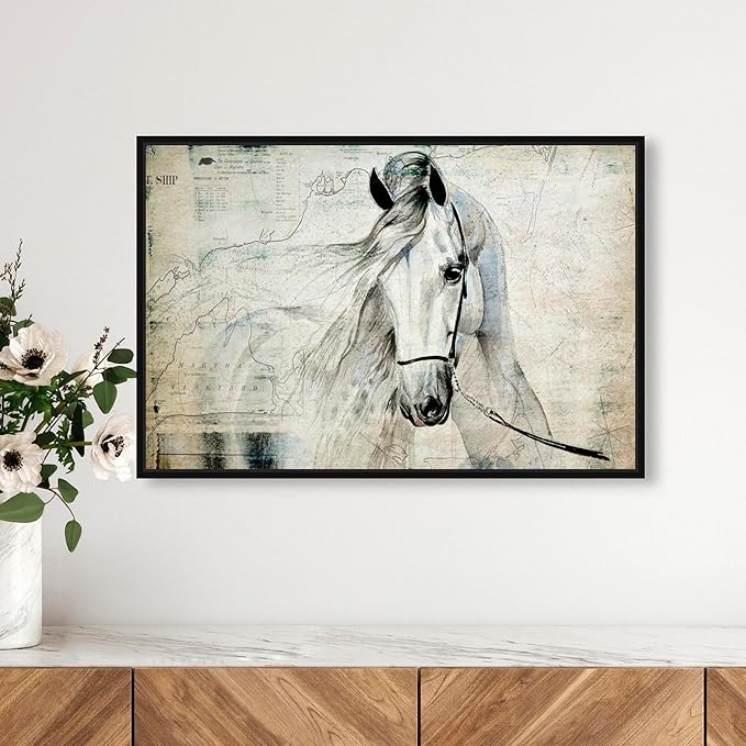 Country Farmhouse Canvas Print Painting Animal Wall Art 'Southern White Horse' Black Framed Canvas Rustic Home Décor 24x16 in Gray, Brown by Oliver Gal