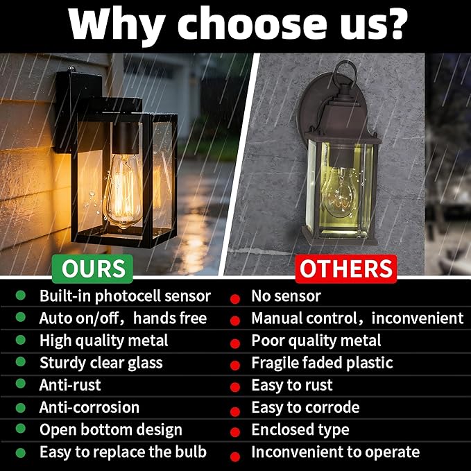 9 Inch Outdoor Wall Light Dusk to Dawn,2 Pack Outdoor Lanterns for Porch,Small Outdoor Sconce Lights with Sensor,Photocell Wall Lantern for Porch Patio Garage Outdoor Lighting