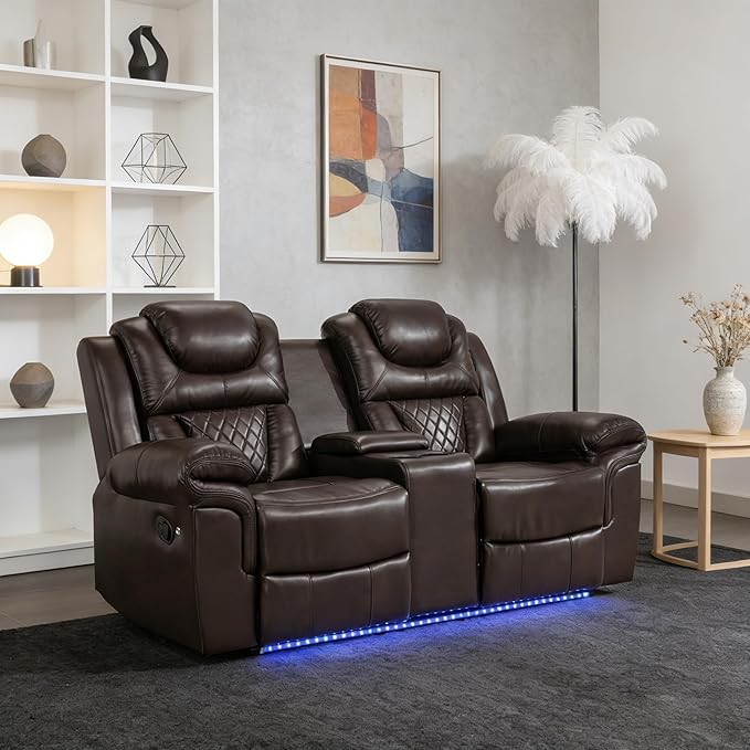 ERYE 73-Inch Oversized Manual Reclining Sofa with LED Strip and Cupholders for Living Room Home Theater, Multifunctional Faux Leather Loveseat Manual Recliner Couches | Storage Console, Cup Holder, LED Light Strips