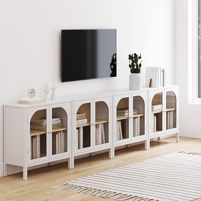 Nathan James Mason Wood Storage Cabinet Accent Sideboard Buffet Credenza TV Stand with Glass Doors and Adjustable Shelf for Dining Room, Entryway or Living Room, Clear Glass/White/Light Oak, Set of 4